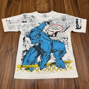Vtg X-Men Beast AOP T-Shirt Tee Marvel Comics USA Made Fun Stuff NY Youth 10/12